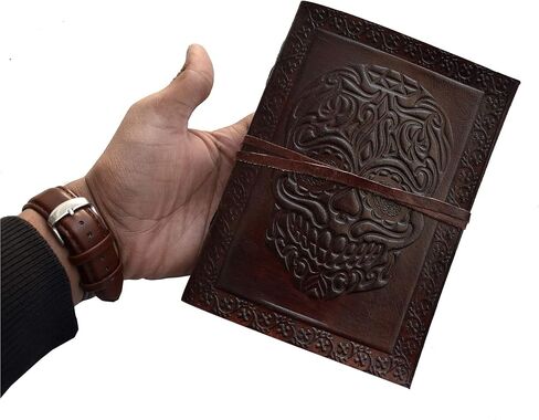 مجلة جلدية يوم الموتى منقوشة يدويًا من الجلد كتاب الظلال دفتر grimoire خمر مذكرات الرعب البني حزام يوميات كراسة الرسم كتاب الشعر السفر هدية للرجال والنساء 7 × 5 بوصة in Kuwait