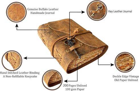 مجلة الجلود الرئيسية - مجلة جلدية ملزمة له - دفتر رسم جلدي - كتاب الظلال مجلة خمر دفتر ملاحظات فارغ - حافة سطح السفينة العتيقة المصنوعة يدويًا 200 ورقة (بني 7 × 5 بوصات) in Kuwait