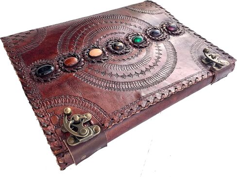 Casadecuero Handmade Extra Large Seven Stone Journal Refillable Notebook Chakra Embossed with Lock Book of Shadows 10 x 13 Inch, Vintage brown, inch 1.2 ( Height Length Width ) in Saudi Arabia