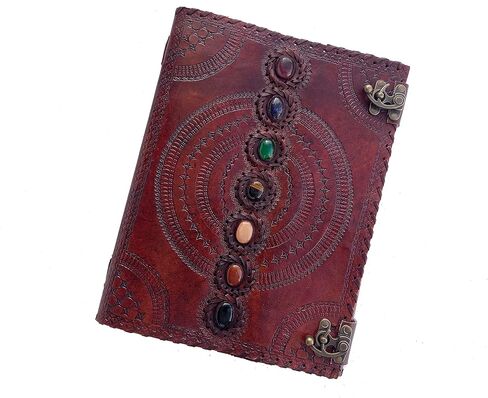 Casadecuero Handmade Extra Large Seven Stone Journal Refillable Notebook Chakra Embossed with Lock Book of Shadows 10 x 13 Inch, Vintage brown, inch 1.2 ( Height Length Width ) in Saudi Arabia