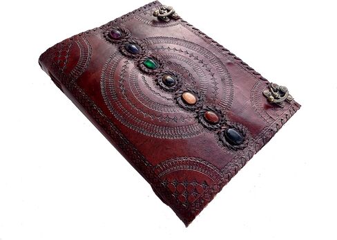 Casadecuero Handmade Extra Large Seven Stone Journal Refillable Notebook Chakra Embossed with Lock Book of Shadows 10 x 13 Inch, Vintage brown, inch 1.2 ( Height Length Width ) in Saudi Arabia