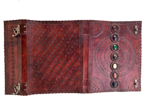Casadecuero Handmade Extra Large Seven Stone Journal Refillable Notebook Chakra Embossed with Lock Book of Shadows 10 x 13 Inch, Vintage brown, inch 1.2 ( Height Length Width ) in Saudi Arabia