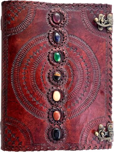 Casadecuero Handmade Extra Large Seven Stone Journal Refillable Notebook Chakra Embossed with Lock Book of Shadows 10 x 13 Inch, Vintage brown, inch 1.2 ( Height Length Width ) in Saudi Arabia