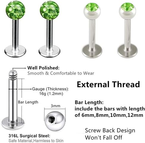 8pc 6/8/10/12mm Bar Crystal Ball Monroe Labret Lip Stud Ear Universal Body Piercing Jewelry Set in Saudi Arabia