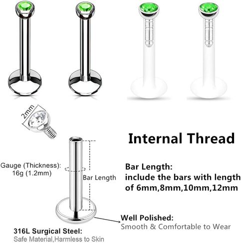 8pc 6/8/10/12mm Bar Crystal Ball Monroe Labret Lip Stud Ear Universal Body Piercing Jewelry Set in Saudi Arabia