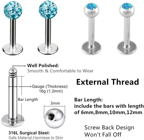 8pc 6/8/10/12mm Bar Crystal Ball Monroe Labret Lip Stud Ear Universal Body Piercing Jewelry Set in Saudi Arabia