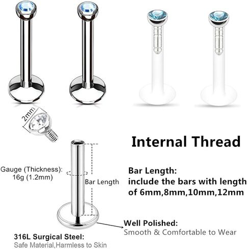 8pc 6/8/10/12mm Bar Crystal Ball Monroe Labret Lip Stud Ear Universal Body Piercing Jewelry Set in Saudi Arabia