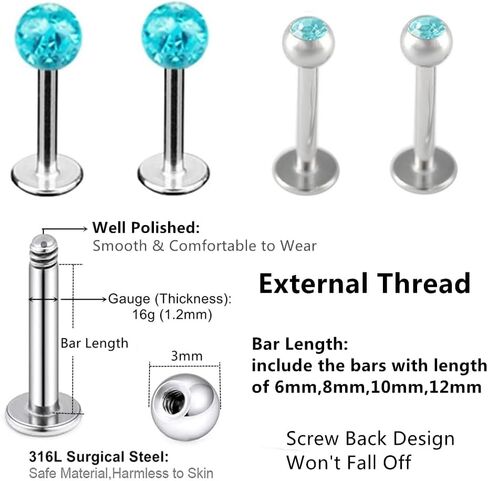 8pc 6/8/10/12mm Bar Crystal Ball Monroe Labret Lip Stud Ear Universal Body Piercing Jewelry Set in Saudi Arabia