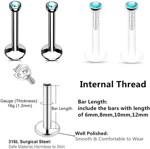 8pc 6/8/10/12mm Bar Crystal Ball Monroe Labret Lip Stud Ear Universal Body Piercing Jewelry Set in Saudi Arabia