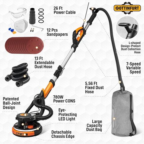 Drywall Sander for Ceiling with Vacuum, Electric Sander 7 Variable Speed 900-1800RPM with 14ft Dust Hose, 26ft Power Cable, LED Light and Storage Bag in Kuwait