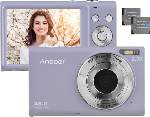كاميرا Andoer الرقمية، كاميرا رقمية صغيرة 2.7K كاميرا فيديو مدمجة 48 ميجابكسل تركيز تلقائي 2.88 بوصة شاشة IPS 16X تكبير مضاد للاهتزاز، التقاط الابتسامة، ضوء LED مدمج للأطفال المراهقين in Kuwait