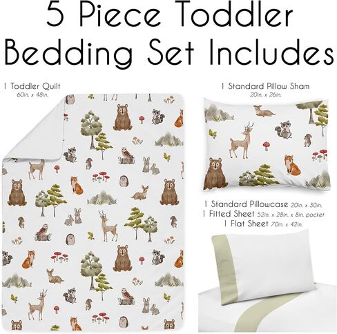 Sweet Jojo Designs Woodland Forest Animals Boy Girl Gender Neutral Toddler Bedding Set Kids 5p Bed in a Bag Comforter Blanket Pillowcase Sham Sheets Animal Friends Green Grey Brown Bear Fox Hedgehog in Saudi Arabia