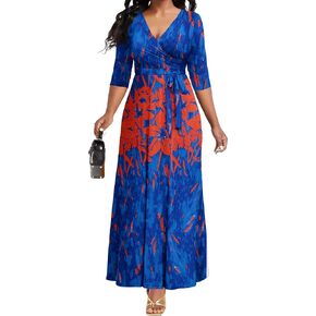 FANDEE Women's Maxi Dress 2024 Floral Print Boho Dress Summer Long Maxi Dress V-Neck 3/4 Sleeve with Pocket