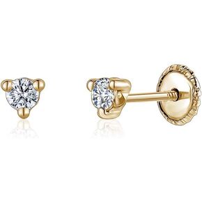 14k Yellow Gold 3 Prong Martini Simulated Diamond Stud Earrings Tiny for Baby or Multiple Piercings Screwback
