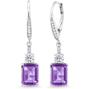 Gem Stone King 925 Sterling Silver Purple Amethyst and White Topaz Dangle Earrings For Women (5.66 Cttw, Gemstone February Birthstone, Emerald Cut 9X7MM)