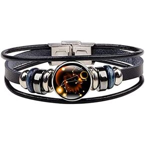 Dcfywl731 Zodiac Bracelet for Women Men Gift,12 Constellation Vintage Punk Black Leather Bracelets Zodiac Men Gifts for Christmas Gifts