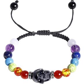 Lightock Skull Black Obsidian Sculpture with 7 Chakra Mens Bracelets Balance Crystal Amulet Crystals and Healing Stones Statue Bracelet for Women