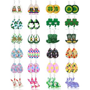 honsny 24 زوجًا من أقراط عيد الفصح لعيد القديس باتريك للنساء من الجلد الصناعي على شكل دمعة متدلية مجموعة من الأقراط البرسيم الخضراء وقبعة بيضة عيد الفصح المتدلية مجوهرات للنساء أقراط متدلية in Kuwait