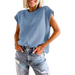 Women Vintage Crew Neck Sweater Vest Casual Sleeveless Knitted Pullover Vest Loose Knitwear Top Streetwear