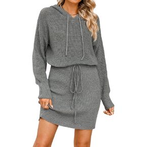 CUPSHE Women Casual Hooded Sweater Dress Winter Long Sleeve Drawstring Waist Knit Dresses