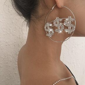 Rhinestone Huggie Hoop Earrings Dollar Sign Earrings Large Hoop Dangle Drop Earrings Statement Geometric Earrings Big Circle Earrings for Women and Girls（Gold）