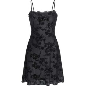 Verdusa Women's Lettuce Trim Floral Print Mesh Sleeveless A Line Short Cami Dress