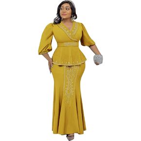 Mermaid Two Pieces Formal Dress for Wedding Guest Puffy Long Sleeves Beaded V Neck African Dresses