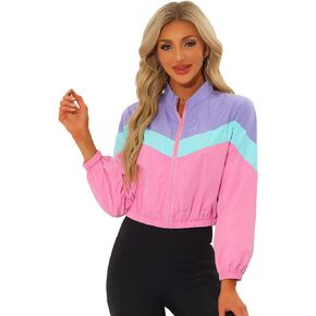 Allegra K Casual Colorblock Jacket for Women's Stand Collar Zip Up Long Sleeve Crop Bomber Jacket