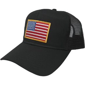 USA American Flag Patch Snapback Trucker Mesh Cap - Black