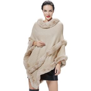 Women Cape Faux Fur Shawl Wrap Poncho with Faux Fur Trim Winter Sleeveless Cardigan Cloak Coat for Party