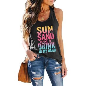 Sun Sand and A Drink in My Hand Tank Women Beach Coconut Trees Graphic Shirt Vacation Sleeveless Tops