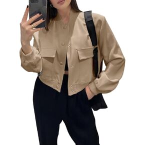 Women Cropped Bomber Jacket Casual Button Down Stand Collar Varsity Jacket with Big Pockets
