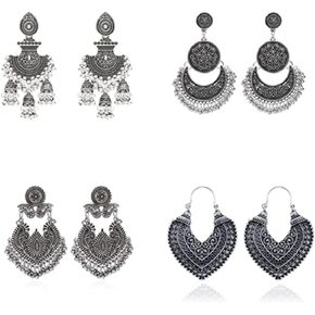 4 Pair Traditional Vintage Retro Antique Silver Gold Boho Bohemian Jewelry Ethnic Tribal Gypsy Engraved Hook Drop Dangle Jhumka Bells Tassel Earrings for Women Girls