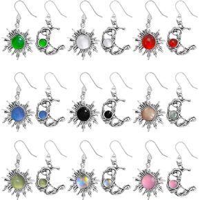 9 Pairs Handmade Bohemian Vintage Silver Sun Moon Dangle Drop Earrings Asymmetric Boho Retro Opal Moonstone Moon And Sun Hook Earring Sets for Women Girls Teen Hypoallergenic Statement Jewelry Gifts