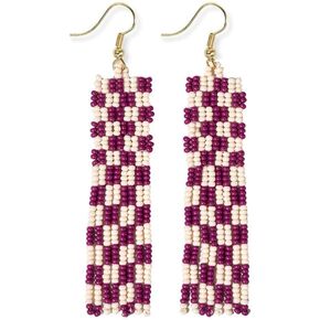 INK+ALLOY Women's Beaded Checkered Fringe Earrings, Harriet Woven Top Gingham Seed Bead Boho Medium Statement Earrings, Handmade Jewelry for the Modern Bohemian, 3.25-Inch Length