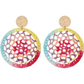RUOFFETA Statement Raffia Round Earrings, Handwoven Dream Catcher Earrings for Women Bohemian Jewelry Gift