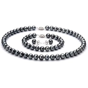 Black 7.5-8.5mm AA Quality Freshwater 925 Sterling Silver Cultured Pearl Set For Women