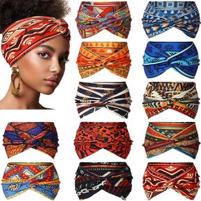 XunYee 12 Pcs African Wide Headbands for Women Hair Wrap Boho Yoga Twisted Knot Accessories Assorted Bandeau Headbands Wide Elastic African Gifts Hair Accessories for Girls Lady Running Sports
