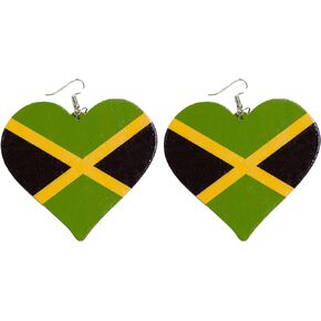 Large Wooden Jamaica Heart-Shaped Flag Dangle Earrings for Women