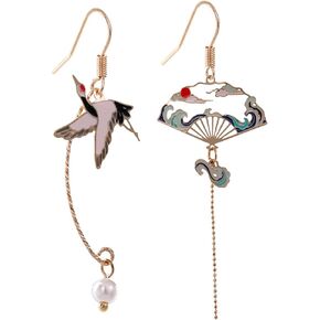 Asymmetric Fan Earrings for Women Girls Creative Chinese Cultural Landscape Earrings Oriental Earrings Japanese Earrings Sector Drop Earrings Cloud Earrings Aesthetic Hanging Dangle Jewelry Stud Earrings
