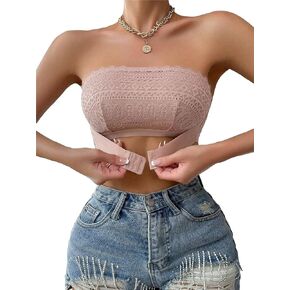 OYOANGLE Women's Contrast Lace Eyelet Embroidered Bandeau Bralette Seamless Non Slip Strapless Bra