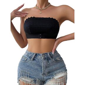 OYOANGLE Women's Contrast Lace Eyelet Embroidered Bandeau Bralette Seamless Non Slip Strapless Bra