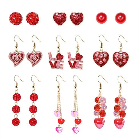Valentines Day Earrings for Women 6/9 Pairs Valentine Heart Earrings Set Red XO XO LOVE Tassel Long Dangling Earrings Handmade Pink Heishi Beaded Hoop Stud Earrings Glitter Rhinestone Pearl Studs Valentine’s Day Holiday Gift in Saudi Arabia