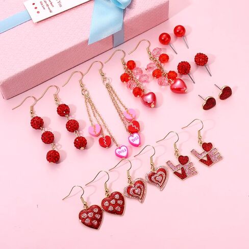 Valentines Day Earrings for Women 6/9 Pairs Valentine Heart Earrings Set Red XO XO LOVE Tassel Long Dangling Earrings Handmade Pink Heishi Beaded Hoop Stud Earrings Glitter Rhinestone Pearl Studs Valentine’s Day Holiday Gift in Saudi Arabia