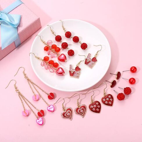 Valentines Day Earrings for Women 6/9 Pairs Valentine Heart Earrings Set Red XO XO LOVE Tassel Long Dangling Earrings Handmade Pink Heishi Beaded Hoop Stud Earrings Glitter Rhinestone Pearl Studs Valentine’s Day Holiday Gift in Saudi Arabia