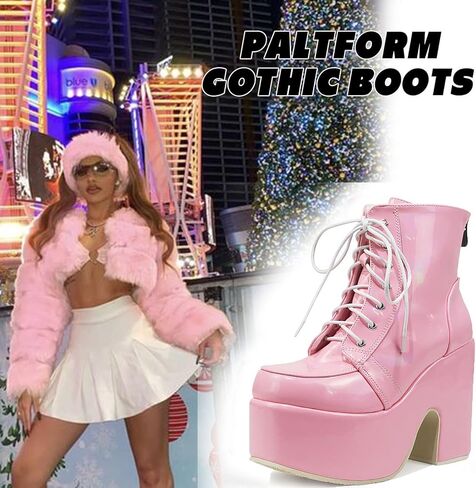 Erocalli منصة القوطي أحذية للنساء حذاء برقبة عالية للركبة كعب مكتنز الأحذية القوطية القتالية مشبك فارس الدانتيل يصل جولة تو in Kuwait