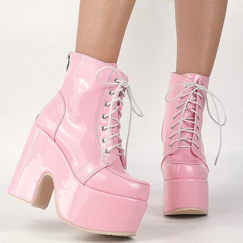 Erocalli منصة القوطي أحذية للنساء حذاء برقبة عالية للركبة كعب مكتنز الأحذية القوطية القتالية مشبك فارس الدانتيل يصل جولة تو in Kuwait