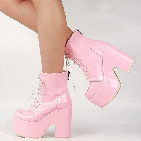 Erocalli منصة القوطي أحذية للنساء حذاء برقبة عالية للركبة كعب مكتنز الأحذية القوطية القتالية مشبك فارس الدانتيل يصل جولة تو in Kuwait