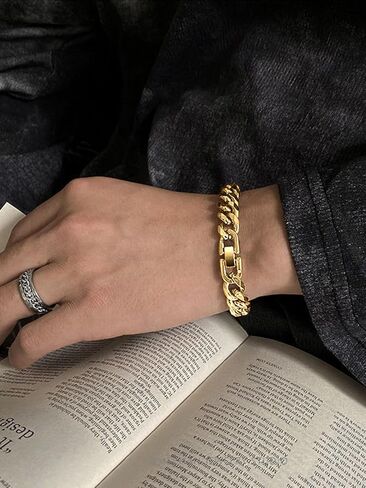 سوار سلسلة كوبي قوي للرجال من الفولاذ المقاوم للصدأ، عرض 9/10/13 مم، طول 7.48/8.27 بوصة، سوار مطلي بالذهب عيار 18 قيراط من المجوهرات الكلاسيكية، أرسل صندوق هدايا in Kuwait