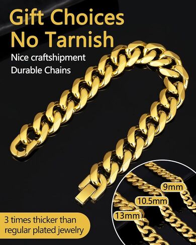 سوار سلسلة كوبي قوي للرجال من الفولاذ المقاوم للصدأ، عرض 9/10/13 مم، طول 7.48/8.27 بوصة، سوار مطلي بالذهب عيار 18 قيراط من المجوهرات الكلاسيكية، أرسل صندوق هدايا in Kuwait